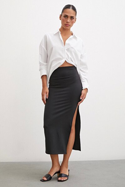 Genel Markalar Yırtmaçlı Uzun Etek Siyah