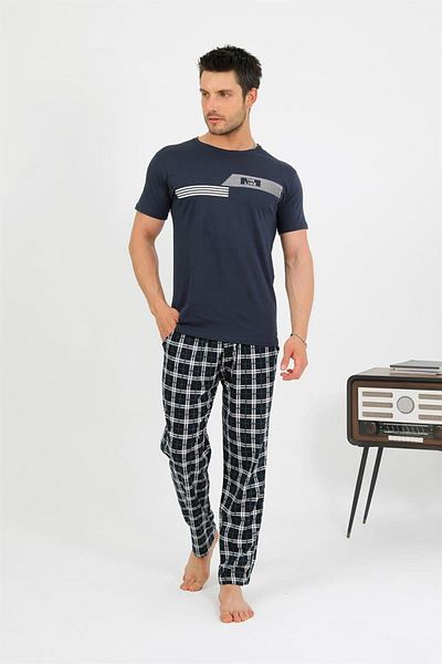 Celira Men's Cotton Short Sleeve Pajamas Suit Navy Blue
