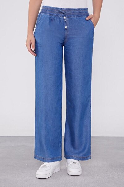Levidor 410087 BELİ LASTİKLİ İP DETAYLI ÖNDEN CEPLİ GENİŞ PAÇA PANTOLON #03-25#