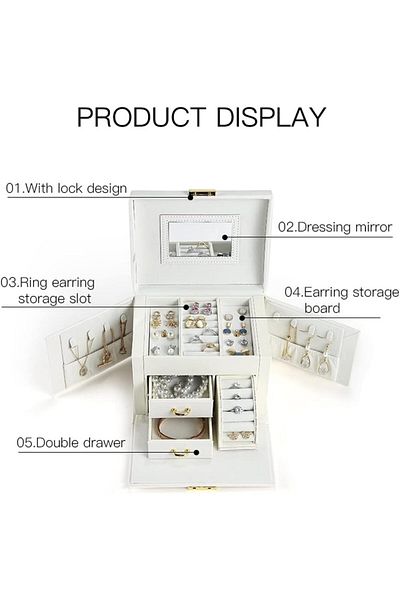 Lumely 3 Layer Portable Jewelry Organizer Box,Three-layer Design Double Drawers,With Lock,Waterproof