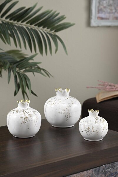 DEKORANLA 3'lü Beyaz Biblo Nar Seti, Renkli Dekoratif Süs, Şık ve Zarif Aksesuar