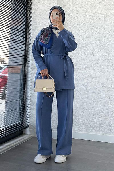 MELEK ARAZ Waist Tied Button Detailed Linen Suit -Indigo