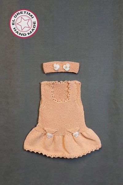 Uretti - Talia 8659 1005 Hand Knitted Cotton Thread Girl's Dress - Bandana Set - 1 Year Old / Dried Rose