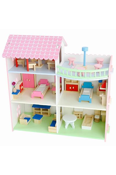 rexa Webby Pretend Play Wooden Doll House with Mini Figures for Girls