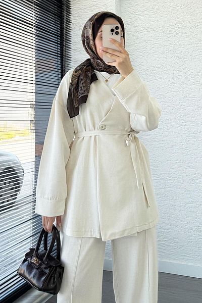 MELEK ARAZ Waist Tied Button Detailed Linen Suit -Ecru