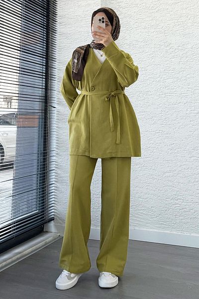 MELEK ARAZ Waist-Tie Button Detailed Linen Suit - Oil Green