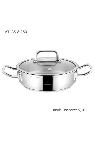 Sofram Yeşiltan Sofram Atlas Series 28 cm 18/10 Stainless Steel Oblate Pot – Glass Lid, Thermal Base