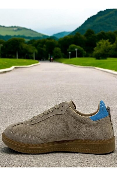 Afilli Γυναικεία Μπεζ Μπλε Suede Γνήσιο Δερμάτινο Λεπτή Επίπεδη Σόλα Καθημερινά Casual Sneaker Αθλητικά Παπούτσια για περπάτημα