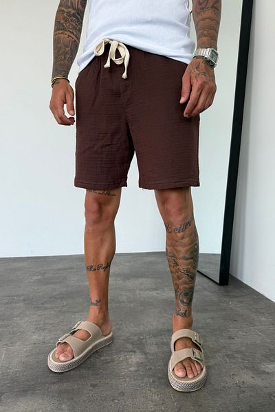 MADZEYMODA Men's Brown Elastic Waist Muslin Fabric Bermuda Shorts Ke-7002