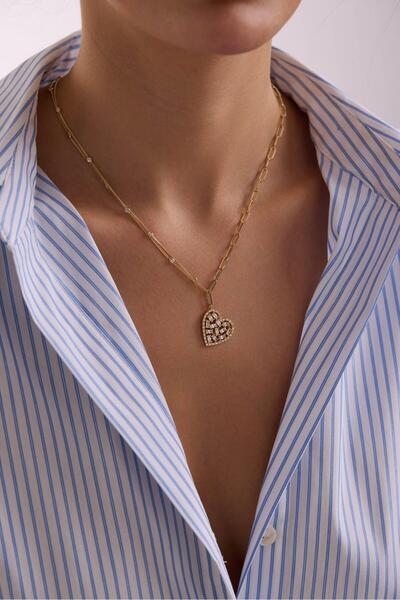 Tufanlar Kuyumculuk 14 Ayar Taşlı Kalp Uçlu Ataç Zincir Ve Dorika Detaylı Altın Kolye