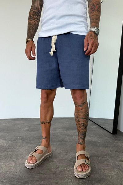 MADZEYMODA Men's Indigo Blue Elastic Waist Muslin Fabric Bermuda Shorts Ke-7002