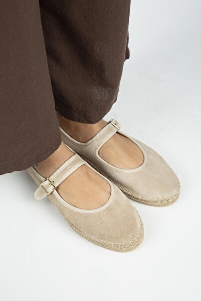 Manijero Lipa Women's Genuine Leather Single Strap Espadrille Ballerina Beige Shoes