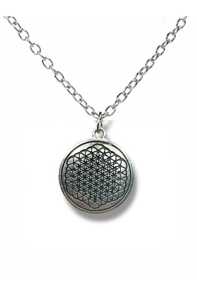Herşey Nota Round Disc Necklace with Flower of Life Motif – Silver Color Unisex Spiritual Jewelry