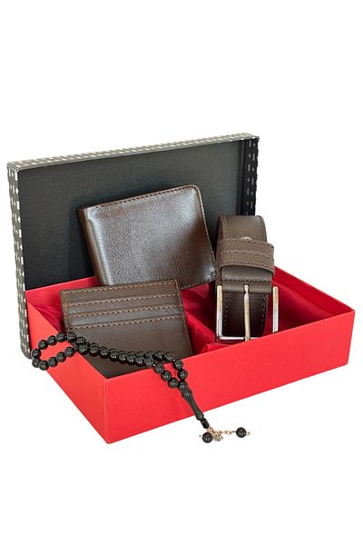 Tisaati Premium Series Special Boxed Luxury Leather Classic Wallet Belt Card Holder and Prayer Beads Men's Set