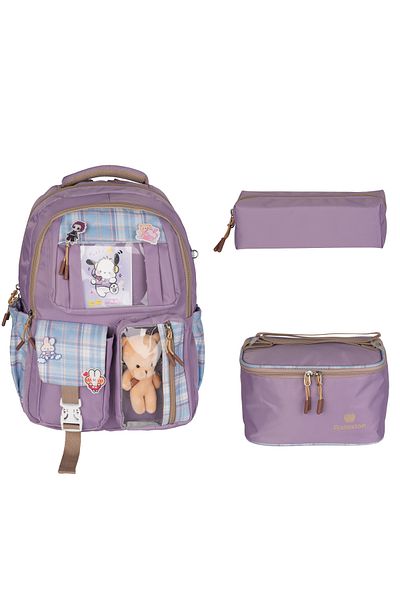 Relaxion Rlx-1395 Set of 3 Children's Primary School Bag Backpack with Pen Holder and Lunch Bag Lila