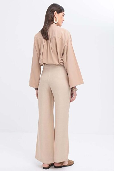 ALLDAY Beige-Broad Leg Linen Trousers