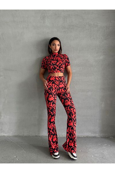 ladyzey Women's Wave Pattern Red Turtleneck Crop Blouse and Spanish Leg Pants Suit