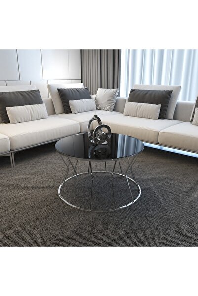 DEKORANLA Şık Gümüş Nikelaj Siyah Cam Orta Sehpa, Kum Saati Teması