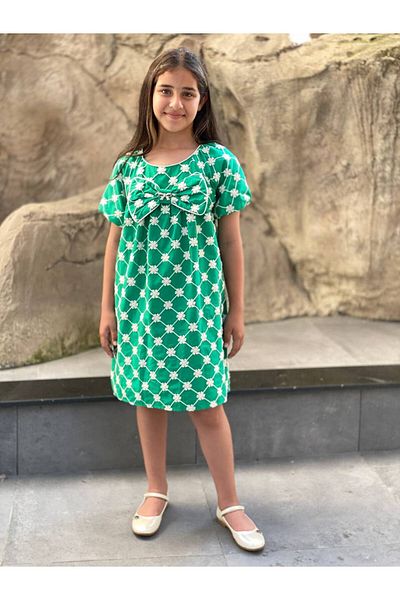 HÇ Hülya Çelik KİDSWEAR 2018 Girl's Cotton Floral Embroidered Bow Summer Green Dress