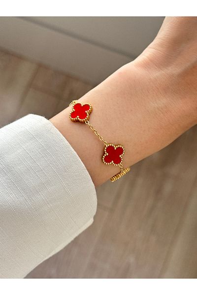 YOUES JEWELRY 316L Steel Red Clover Bracelet Women's Bracelet Double Sided Bracelet Gold