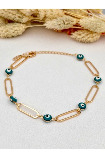 Siya Silver Steel Anklet with Paperclip Chain Evil Eye Beads - 21+5 cm