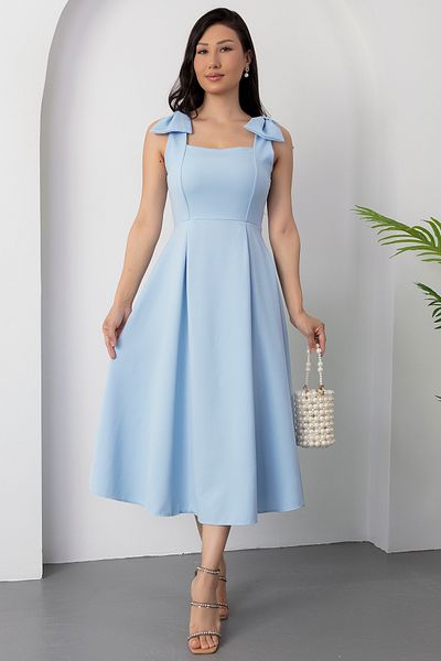 PULLIMM Rochie plisată cu fundă pe umăr cu guler pătrat 2025-4185