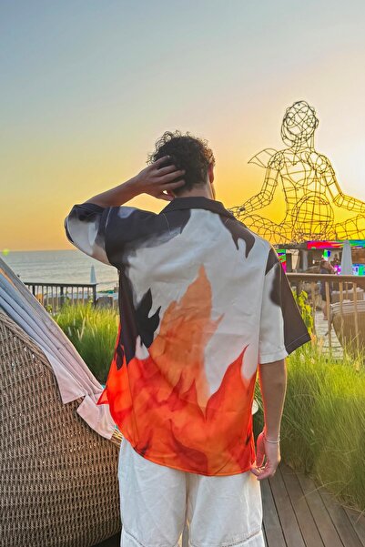 Flaw Wear Batik Patterned Beige Oversize Short Sleeve Shirt