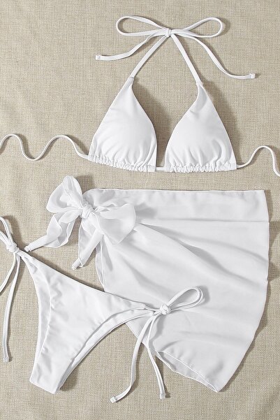 Angelsin Pareolu Bağlamalı 3'lü Bikini Takım Set (Çıkartılabilir Kaplı)