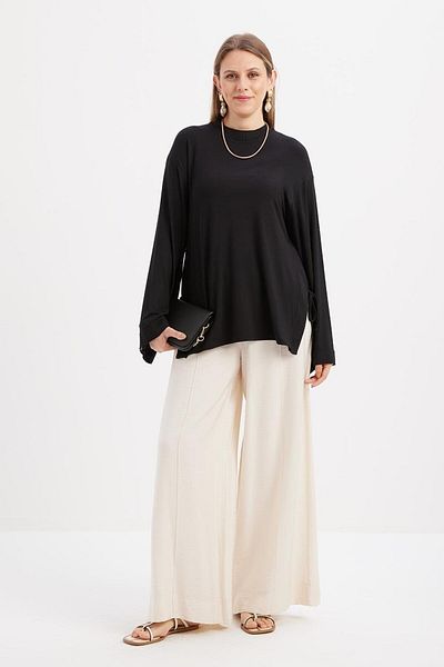 ALLDAY Black-Lateral Slit Binding Detail Lycra Modal Tunic