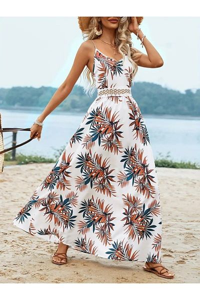 Fü Me Style Fü&Me Style Women's Patterned Long Dress with Lace Detail at the Waist and Rope Strap