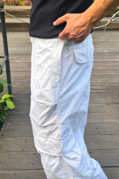 Flaw Wear White Cargo Pocket Trousers with Waist Laces