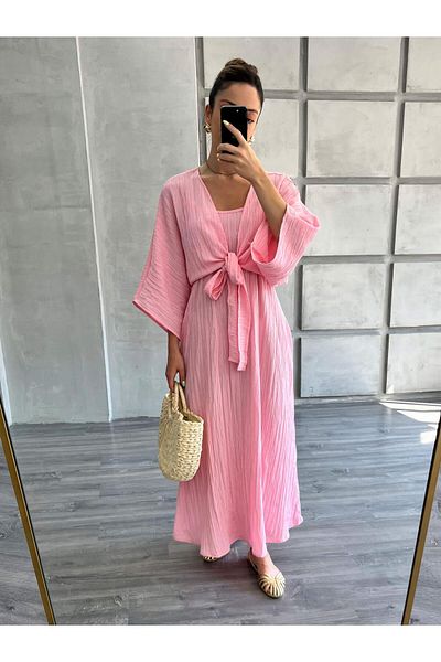 Coral Tie-Up Blouse Dress Set Pink