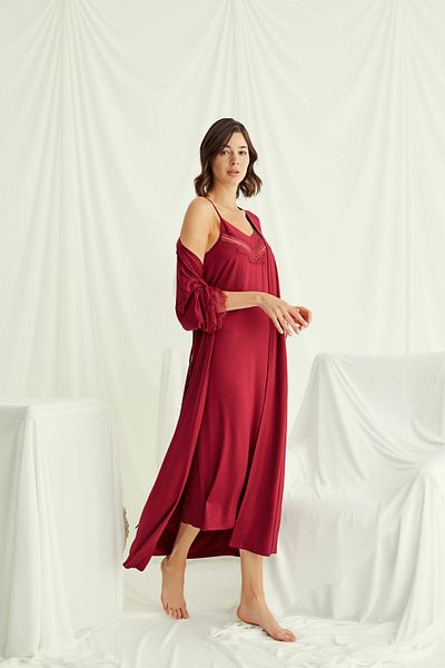 MONAMİSE Women's Low-Cut Collar and Sleeves Lace Dressing Gown Nightgown Set 18507