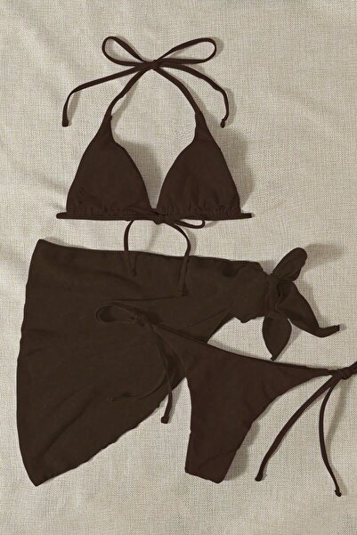 Angelsin Pareolu Bağlamalı 3'lü Bikini Takım Set (Çıkartılabilir Kaplı)