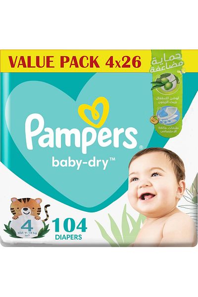 Pampers Baby Dry Taped Diapers, Size 4, 9-18 kg, Baby Lotion with Olive Oil, 104 Diapers