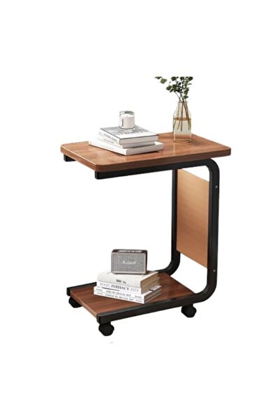 Rovitech Masuta din otel carbon pentru cafea, 4 roti, 2 blaturi din lemn, buzunar de depozitare, 65 x 45 x 30