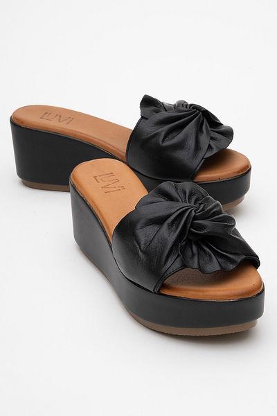 LuviShoes Jeff Black Skin Genuine Leather Bow Women's Wedge Heeled Slippers