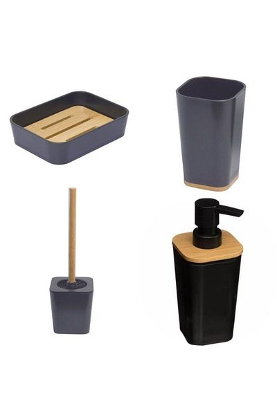FRANDIS Toilet brush set, soap dispenser, glass, soap dish, plastic/bamboo, black/beige, Frandis