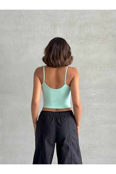 The Base Women's Water Green Scuba Fabric Crop Top with Rope Strap