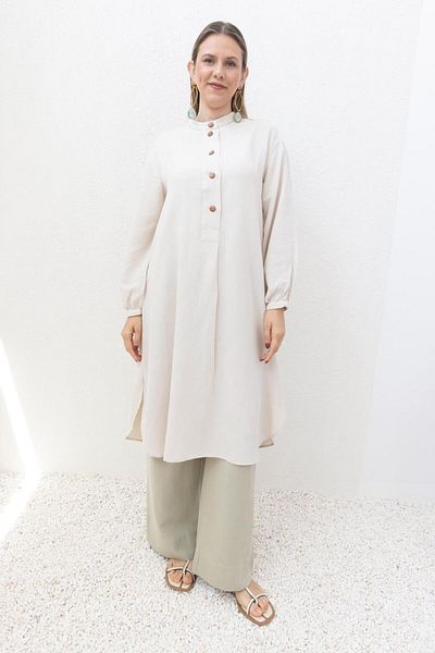 ALLDAY Stone-Half Patched Slit Linen Tunic