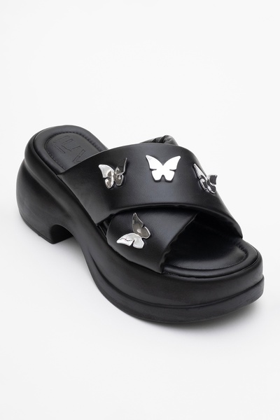 LuviShoes Force Black Butterfly Buckle Wedge Sole Women's Slippers