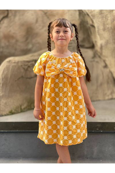 HÇ Hülya Çelik KİDSWEAR 2018 Girl's Cotton Floral Embroidered Bow Summer Yellow Dress