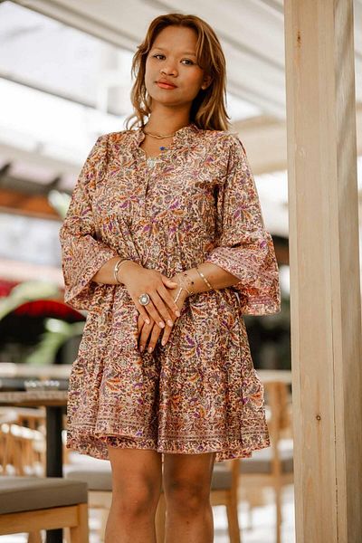 Miss Boheme Beige Color Half Button Detailed Short Silk Dress