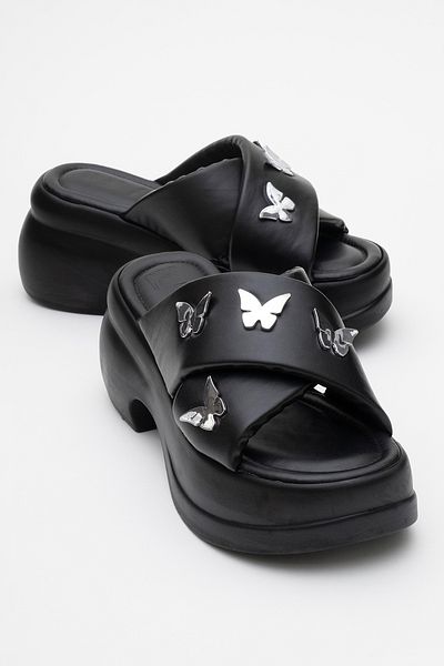 LuviShoes Force Black Butterfly Buckle Wedge Sole Women's Slippers
