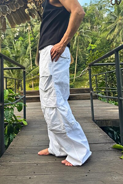 Flaw Wear White Cargo Pocket Trousers with Waist Laces
