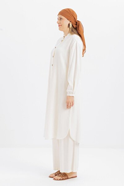 ALLDAY Ekru-Yarım Patlı Yırtmaçlı Keten Tunik