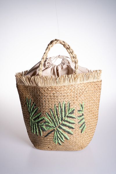 Oblavion Green Leaf Patterned Drawstring Lined Straw Bag