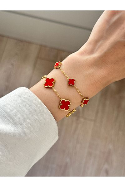 YOUES JEWELRY 316L Steel Red Clover Bracelet Women's Bracelet Double Sided Bracelet Gold
