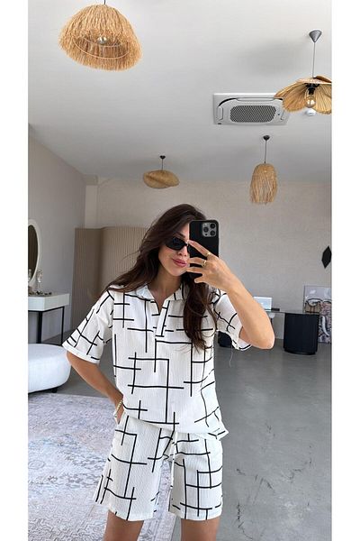 Buket Teke White Black Striped Collar Wrap Shorts Blouse Set