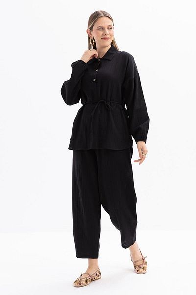 ALLDAY Black-Half Placket Buttoned Muslin Tunic